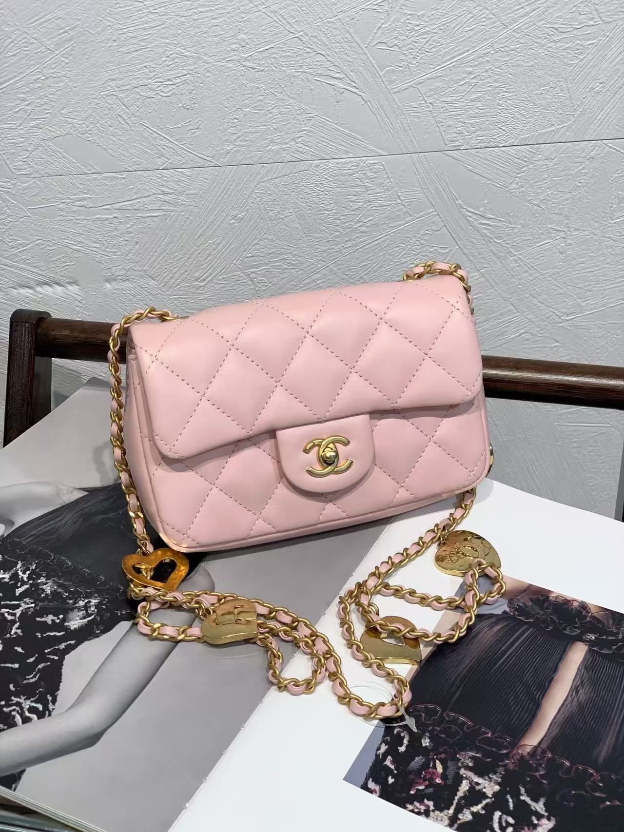 Chanel Heart Chain Large Mini Flap Bag Pink Lambskin with Gold Hardware 2022 with Box, Dust Bag & Receipt