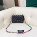 Chanel Square Mini Flap Bag Black Quilted Lambskin with Rainbow Chain 31 Series with Card Size 20×7×13cm