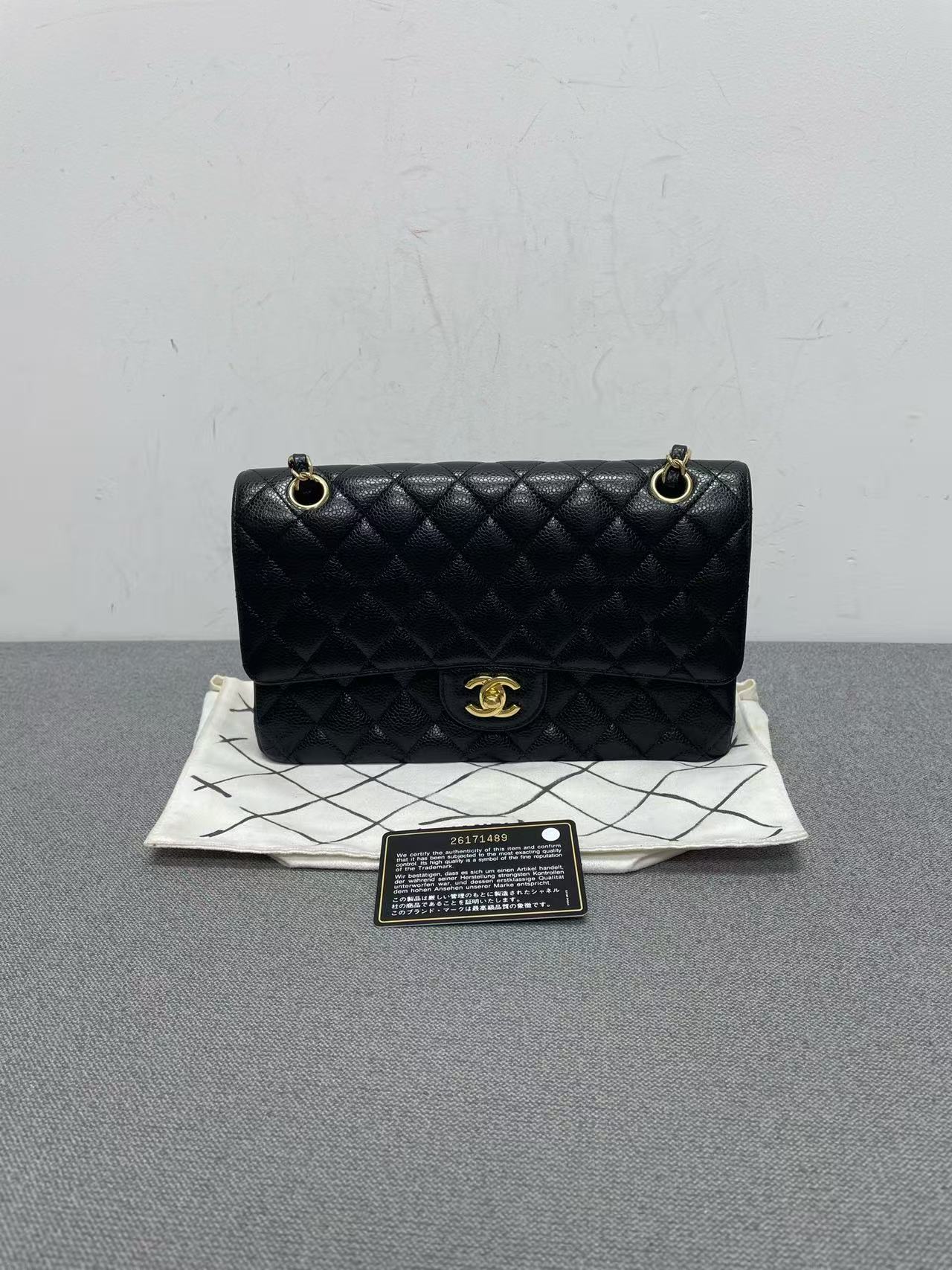 Chanel Classic Flap CF Medium Black Caviar Leather with Gold Hardware 26 Series with Card