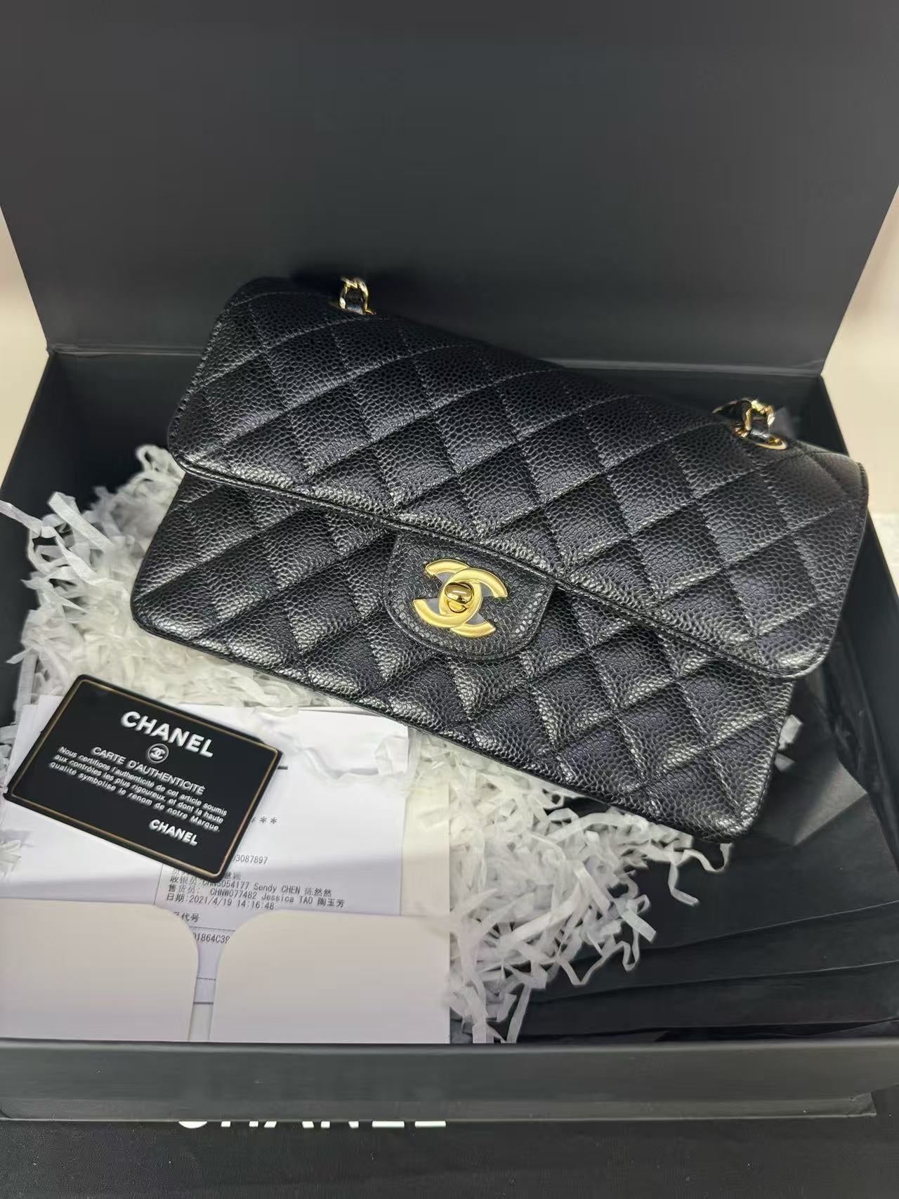 Chanel Classic Flap CF Small Black Caviar Leather with Gold Hardware 31 Series Full Set New