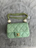 Chanel Classic Flap CF Large Mini Green Square Mini Bag with Double Pearl Chain & Gold Hardware Chip Version Size 17×5×11.5cm