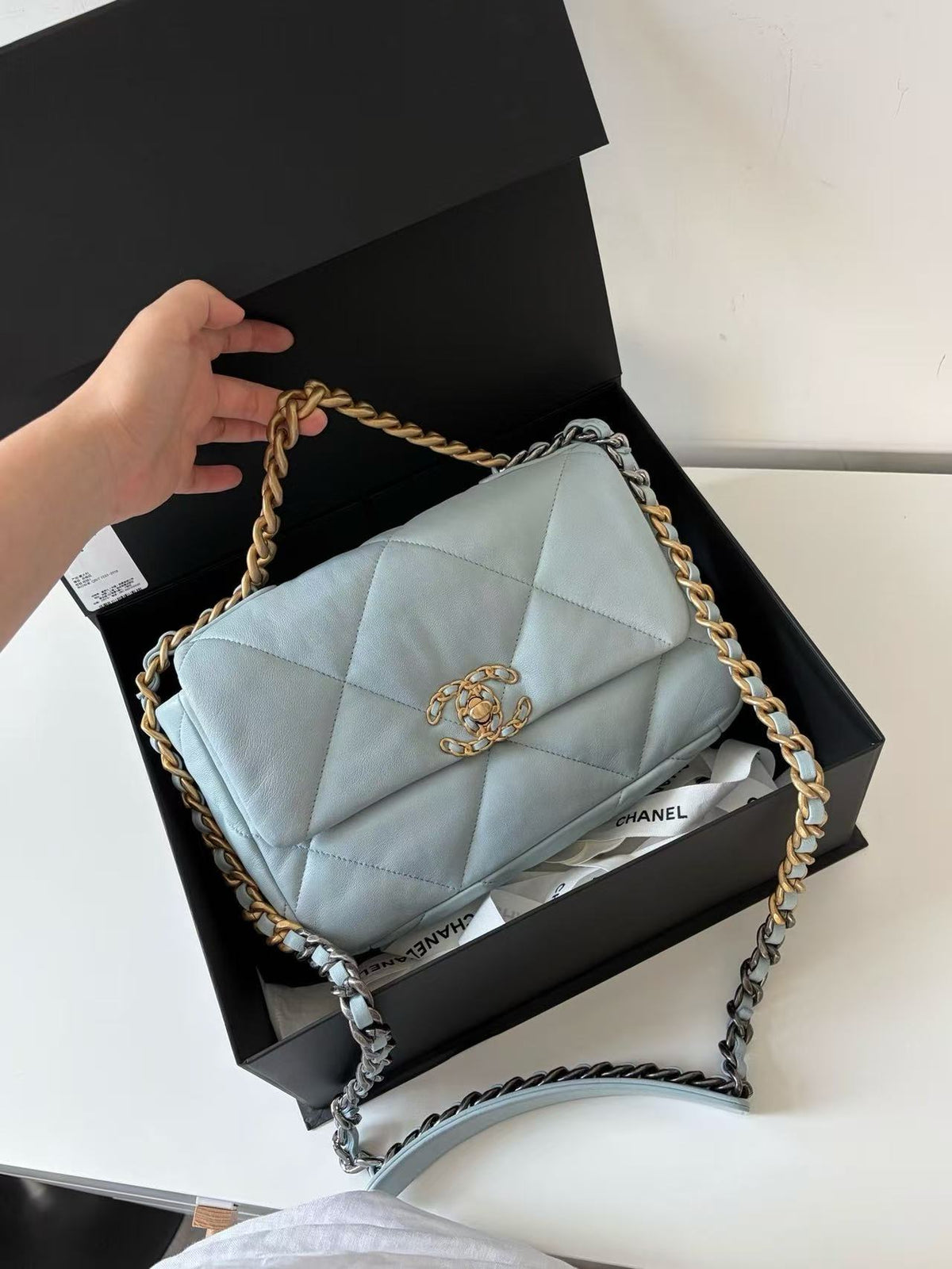 Chanel Small 19 Bag Baby Blue with Gold Hardware, Microchip