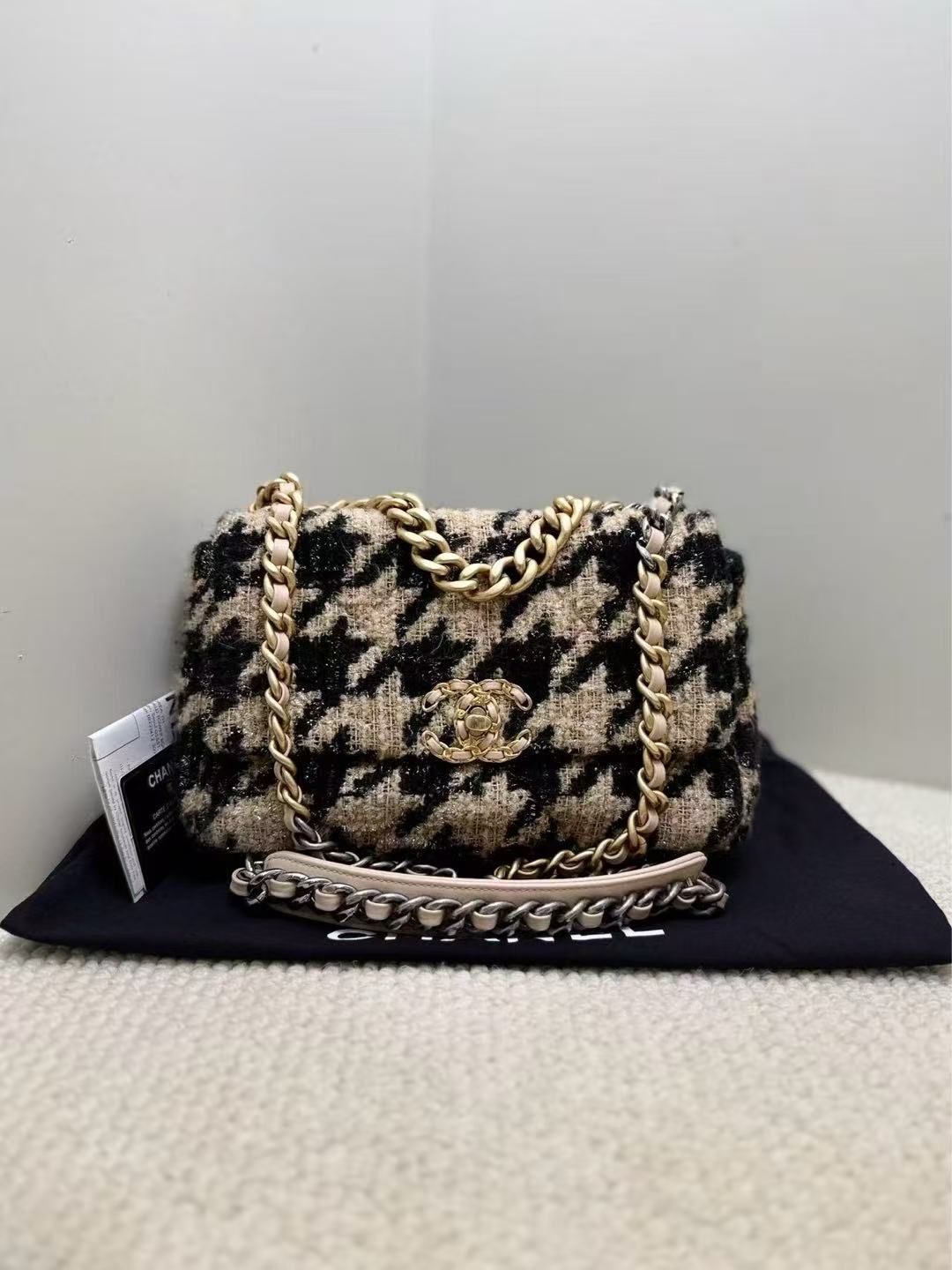 Chanel Small 19 Bag Black & White Quilted Tweed with Gold Hardware, Series 28, Card & Receipt Included
