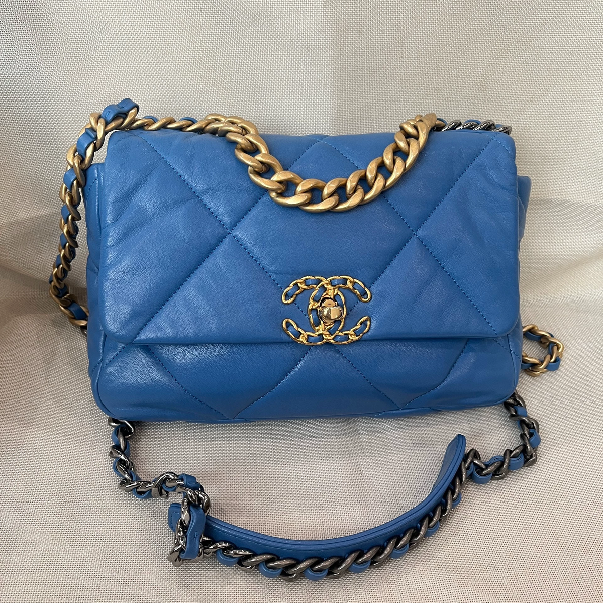 Chanel Small 19 Bag Blue Lambskin with Gold Hardware, Series 30, 26 cm