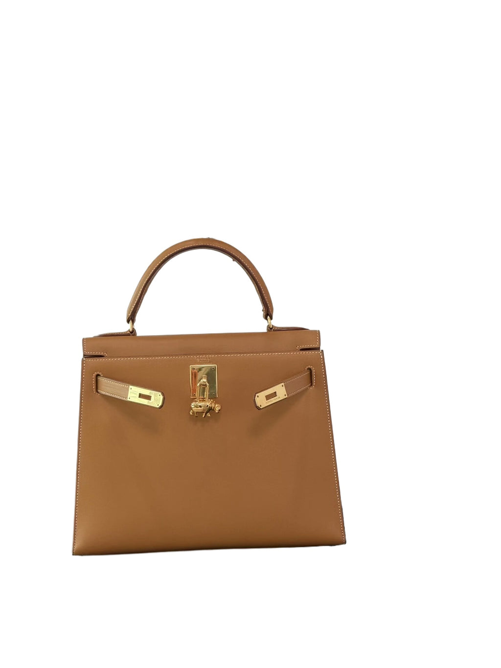 Hermès kelly 28 gold brown saddle with unmarked steel stamp